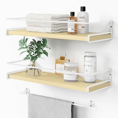 Forbena Floating Shelves for Wall with Rail, White and Natural Wood Nursery Book Shelves for Baby Girls Boys Kids Room Bedroom, Hanging Bookshelves Wall Mounted for Books, Toys, Bathroom (Set of 2) - Image 1