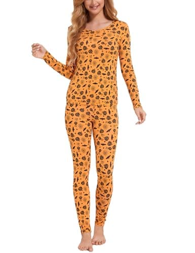GYS Bamboo Viscose Long Johns Sets Halloween Thermal Underwear for Women Lightweight Base Layer Snug fit Pajamas Set, Orange Halloween, Large - Image 1