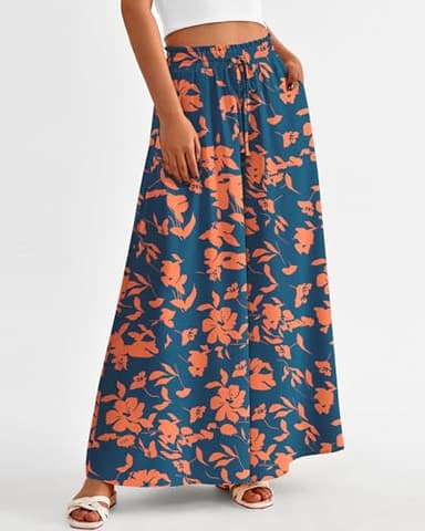 BTFBM Women Casual High Waist Wide Leg Pants 2025 Summer Fall Long Palazzo Pants Pocket Lounge Vacation Beach Trousers(Print Dark Blue Orange, Large) - Image 3