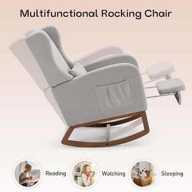 AYEASY Rocking Chair Nursery Glider Chair with Foot Rest, Nursery Rocking Chairs with Rubber Wood Legs Side Pocket, High Back Nursing Chair, Accent Rocker Arm Chair Baby Bedroom, Living Room, Grey - Image 5