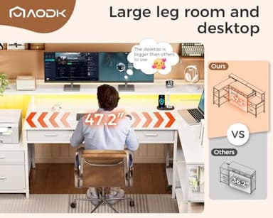 AODK L Shaped Desk with 5 File Drawers, 75" Reversible L Shaped Computer Desk with Power Outlet & LED Strip, Office Desk with Storage Shelves, Gaming Table with Monitor Shelf, Corner Table, White - Image 8