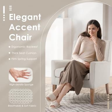 COLAMY Modern Wingback Living Room Chair, Upholstered Fabric Accent Armchair, Single Sofa Chair with Lounge Seat and Wood Legs for Office/Bedroom/Reading Spaces, Beige - Image 3