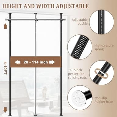 Room Divider No Drilling Curtain Rod Wall Divider for Room Separation, 4-10ft(H) 28-114inch(W) Adjustable, Heavy Duty Partition Space Separator Freestanding Tension Curtain Stand - Image 5