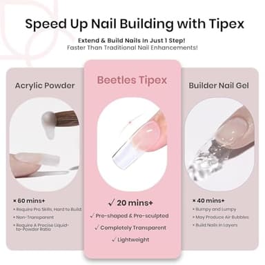 Beetles Tipex Nail Kit, Square Medium Nail Tips 224 Pcs 16 Sizes Pre-Etched Fake Nails with Tipex Nail Glue Mini Nail Lamp - Thick Acrylic Nail Set Pre-Builder Gel Press-on Nails - Image 4