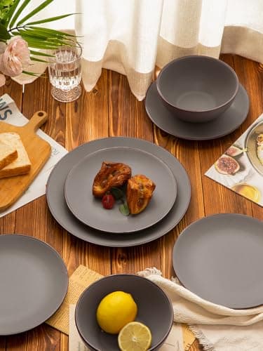 Famiware Venus Plates and Bowls Sets, 12 Pieces Stoneware Speckled Dinnerware Sets, Dishes Set for 4, Microwave and Dishwasher Safe, Matte Dark Grey - Image 8