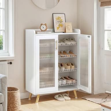 VECELO Shoe Cabinet Storage for Entryway, 4-Tier Free Standing Organizer with Doors and Shelves, Large Capacity for Hallway, Ivory White - Image 1