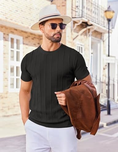 COOFANDY Men's Casual Crewneck Sweater Knitted T Shirts Formal Summer Shirts Black - Image 4