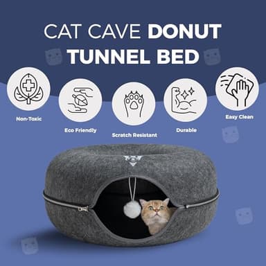 Premium Large Size 24 Inch Cat Tunnel Bed - With Upgraded Metal Zipper - Detachable Round Design - Washable - and Scratch Resistant - Includes 3 Toys and Removable Cushion - Image 3