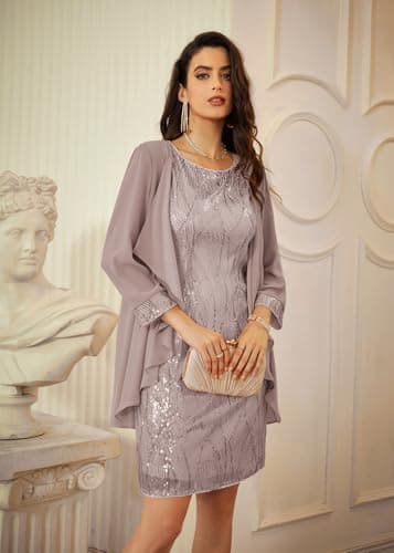 GRACE KARIN Women's Wedding Guest Dresses 2 Piece Slim Fit Mini Dress Gray Purple M - Image 2