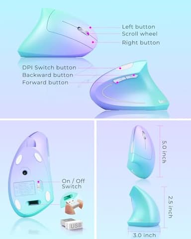 Lekvey Ergonomic Mouse, Vertical Wireless Mouse, Rechargeable 2.4G Optical Carpal Tunnel Mice: 800/1200 / 1600 DPI, 6 Buttons, for Laptop, PC, Mac, Computer, Desktop, Notebook etc, Green Purple - Image 6