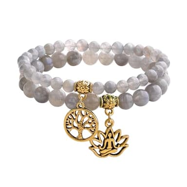 KSQS Natural Semi Precious Gemstone Beads Yoga Bracelet for Women, Tree of Life and Lotus Charm Energy Healing Reiki Crystal Stretch Bracelets(#5) - Image 1