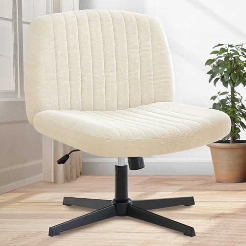 Orange Factory Criss Cross Chair No Wheel Wide Cross Legged Office Desk Vanity Chair Comfy Fabric Armless Adjustable Swivel for Home Computer Task (Beige) - Image 1