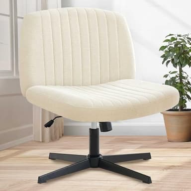 Orange Factory Criss Cross Chair No Wheel Wide Cross Legged Office Desk Vanity Chair Comfy Fabric Armless Adjustable Swivel for Home Computer Task (Beige) - Image 1