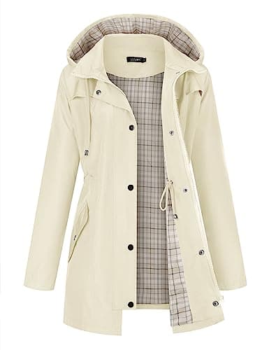 LOMON Women Rain Jacket Lightweight Hooded Jackets Women Lined Trench Coats Waterproof Outdoor Hiking Raincoat Beige L (Cute Plaid Lining) - Image 1