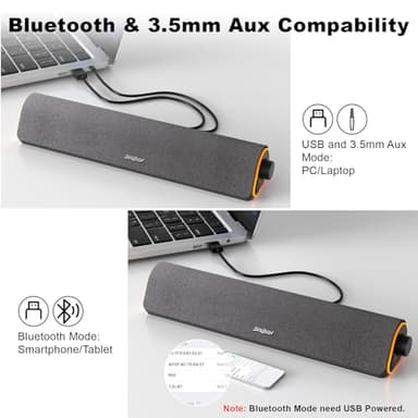 SOULION R50 Bluetooth Computer Speakers, 3.5mm PC Sound Bar for Desktop Monitor, Wired USB Powered & Colorful LED Lights with Switch Button, Surround Sound Soundbar PC Spearkers for Computer - Image 4