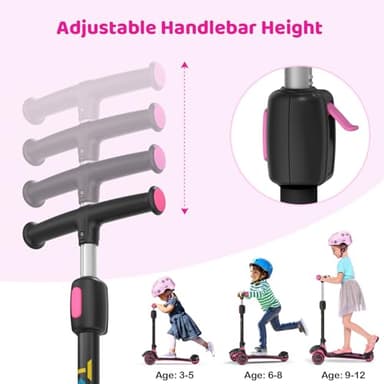 TONBUX Kids Scooter, Light Up 3 Wheel Kick Scooters for Kids 3-12, Folding Scooters with Adjustable Height - Toddler Scooter Lean-to-Steer & Widen Anti-Slip Deck - Rose Purple - Image 2