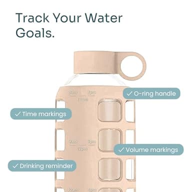 purifyou 40oz / 32oz / 22oz / 12oz Borosilicate Glass Water Bottle with Time & Volume Markers, Silicone Sleeve, Stainless Steel Lid | Reusable Glass Bottle for Water & Juice (22oz Hazelnut) - Image 4