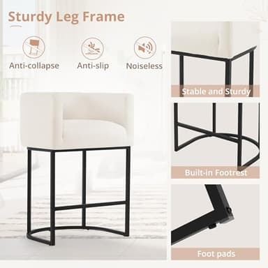 LUE BONA 27" H Counter Height Bar Stools Set of 3, Modern Barrel Counter Stools with Backrest and Arms, Black Metal Frames, Linen Fabric Upholstered Accent Barstools for Kitchen Island, Beige - Image 6