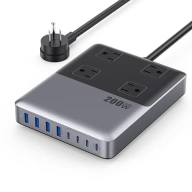 Kioson 12-in-1 Charging Station USB-C Power Strip with 5ft Cord and Plug, 200W GaN IV Charger Block, 4 AC Outlets, 4 USB A&C for MacBook,iPhone 16/15/14, Desktop Charger for Office, Home - Image 1