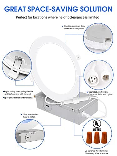 2 Pack 6 Inch Ultra-Thin LED Recessed Ceiling Light with Junction Box, 5000K Daylight, 12W 110W Eqv, Dimmable Canless LED Recessed Light, 1050LM High Brightness Wafer Downlight- ETL&FCC Certified - Image 2