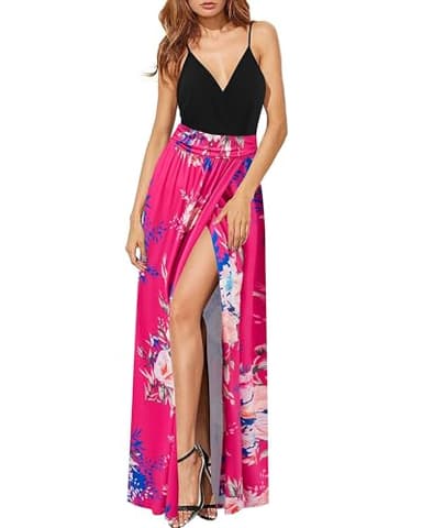 Newshows Womens' Summer 2025 Boho Hawaiian Party Sleeveless Floral Casuales Split Vacation Outfits Long Flowy Maxi Flowy Dress Trendy(Black Floral Rose, L) - Image 2