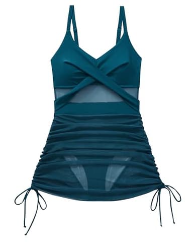 SUUKSESS Women One Piece Swim Dress Tummy Control Swimsuit Sexy Mesh High Waisted Bathing Suit Wrap Push Up Swimwear (Upgrade Peacock Blue,L) - Image 5