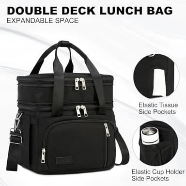 MAPLELILY Lunch Box for Men Women - Double Deck Insulated Lunch Bag, Large Leak Proof Tote Cooler, Wide Open Dual Compartment Lunch Bags with Shoulder Strap, For Work Picnic Hiking Beach, Black - Image 6