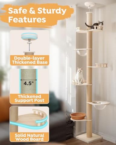Veehoo Floor to Ceiling Cat Tree Height(106-123 Inch) Adjustable, Sturdy Tall Cat Tree with 4.3" Thickened Scratching Posts, Floor to Ceiling Cat Tower for Indoor Cats - Image 3