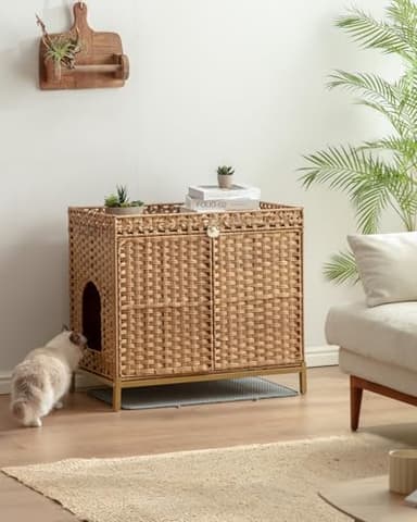 SETVSON Cat Litter Box Enclosure Furniture, Hidden Handwoven Rattan Litter Box with Mat, Large Cat House with Metal Heightened Feet, 30.3 x 18.3 x 28 Inches, Indoor for Living Room, Bedroom Natural - Image 2