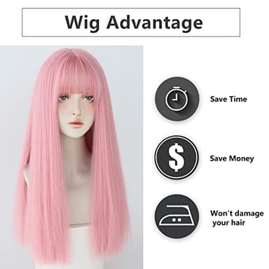 7JHH WIGS Light Pink Wig With Bang Straight Wig For Women Synthetic Neon Pink Wig Colorful Cosplay Wigs For Party And Daily Use(23" Light Pink - Image 6