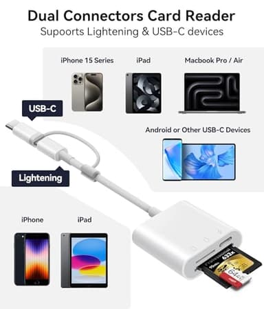 SD Card Reader for iPhone iPad, Oyuiasle Digital Trail Camera SD Card Viewer with Dual Slot for MicroSD/SD, Lightening&USBC Dual-Connector Memory Card Adapter for Photography, Plug and Play - Image 2