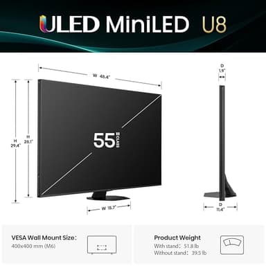 Hisense 55" Class U8 Mini-LED ULED 4K UHD Google Smart TV (55U8QG, 2025 Model) - QLED, Native 165Hz, VRR 288, Up to LD5600, 5000 Nits, HDR10+, Dolby Vision IQ · Atmos, IMAX Enhanced, 4.1.2 Ch Audio - Image 3