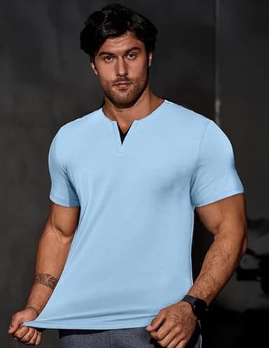 JMIERR Men's Muscle Shirt V Neck Slim Longline Short Sleeve Basic Shirt Gym Workout Athletic Tees Shirts for Sports, US 46(XL), Sky Blue - Image 2