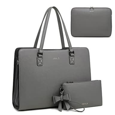 Keyli Laptop Bag for Women 15.6 inch Waterproof Leather Laptop Tote Bag Christmas Gift classy Professional Office Work Briefcase Computer Bags Stylish Laptop Sleeve Purse Shoulder Bag 3pcs Sets Grey - Image 1