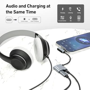 BENFEI USB C to Audio Jack Adapter with 60W Fast Charging, USB-C to 3.5mm Female Headphone Compatible with iPhone 15 Pro Max/15 Pro/15, Samsung Galaxy S24/S23/S22/S21 Ultra, iPad Pro, Pixel 8 Grey - Image 2