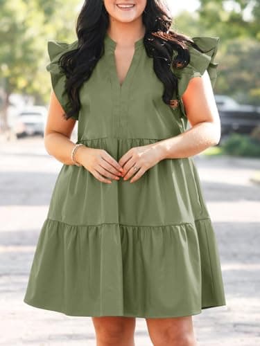 Fisoew Plus Size Dresses for Women Summer Ruffle Short Sleeve V Neck Dress Tiered Swing A Line Babydoll Mini Dress Army Green - Image 2
