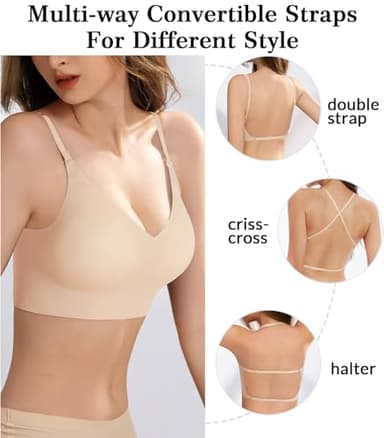 Seamless Low Back Bra Wireless Padded Bralette Thin Straps Comfort Halter Backless Cross Multiway Convertible Bras, Nude, S - Image 2