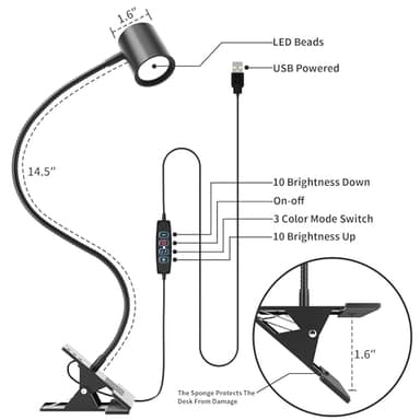 Dott Arts Desk Lamp,USB Clip On Light,Book Lights for Reading at Night,3 Color Modes,10 Brightness Clamp Lights,360° Gooseneck LED Reading Light for Books in Bed,Eye-Care for Home Office,Headboards - Image 6