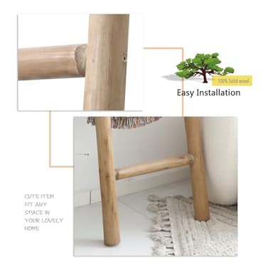 FUIN 57in Wood Blanket Ladder Living Room Decorative Wall Leaning Farmhouse Quilt Display Holder Rustic Wooden Towel Rack for Bathroom, Brown - Image 5