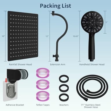 Hibbent All Metal High Pressure Rainfall 10 Inch Shower Head/Handheld Showerhead Combo/ 12 Inch Adjustable Curved Shower Extension Arm, 10-Spray, 71-inch Hose, Adhesive Showerhead Holder, Matte Black - Image 3