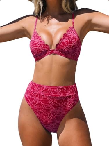 CUPSHE Bikini Sets for Women Bathing Suit High Waisted Scalloped V Neck Two Pieces Swimsuit,M Fuchsia Red - Image 1