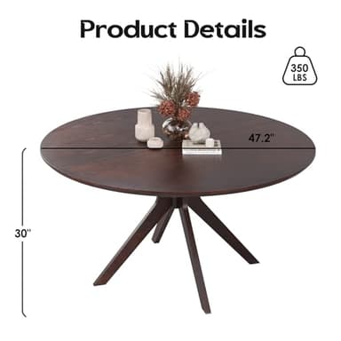 Soohow 47.2" Solid Wood Round Dining Kitchen Table for 4-6 People with Intersecting Pedestal Base - Image 2