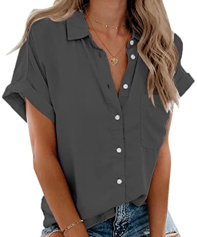 Beautife Womens Short Sleeve Shirts V Neck Collared Button Down Shirt Tops with Pockets (Large, Dark Grey) - Image 1