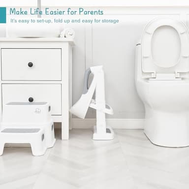 Forbena Potty Training Toilet Seat with Step Stool Ladder, Toddler Kids Potty Seat for Boys Girls, Non Slip Foldable Toilet Training Seat with Soft Cushion, Comfortable Handles (White-Grey) - Image 5