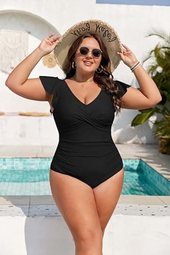 B2prity Women's Plus Size One Piece Swimsuit Tummy Control Ruffle Bathing Suit V Neck High Waist Wrap Swimwear Black - Image 4