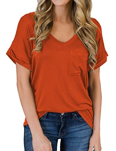 MIHOLL Women's Short Sleeve V-Neck Shirts Loose Casual Tee T-Shirt (11_Orange, X-Large) - Image 1