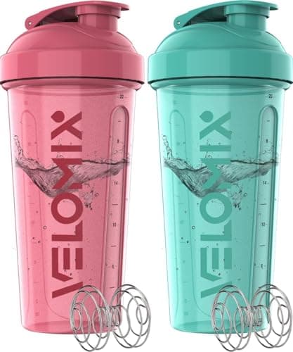 VELOMIX -2 Pack- 28 oz Protein Shaker Bottles for Protein Mixes - 2x Wire Whisk | Leak Proof Shaker Cups for Protein Shakes | Protein Shaker Bottle Pack (Pink/Turquoise) - Image 1