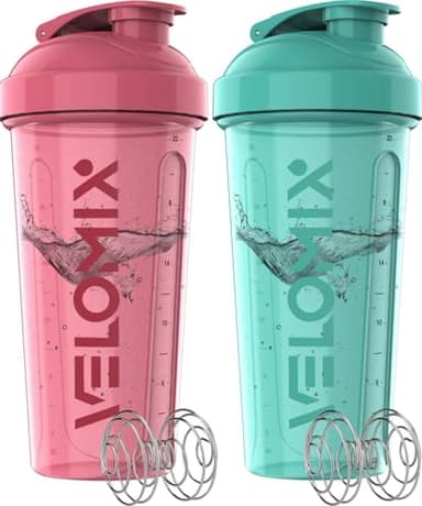 VELOMIX -2 Pack- 28 oz Protein Shaker Bottles for Protein Mixes - 2x Wire Whisk | Leak Proof Shaker Cups for Protein Shakes | Protein Shaker Bottle Pack (Pink/Turquoise) - Image 1