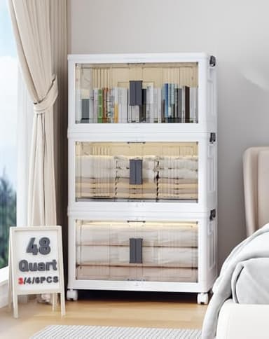 OlarHike 144QT Lockable Storage Bins with Lids - Folding Storage box with Doors and Wheels, Collapsible Plastic Storage Bins for Closets, Stackable Storage Organizer, Storage Containers, 3 Pack Cubes - Image 1