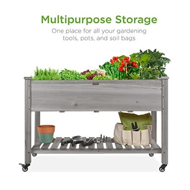 Best Choice Products Raised Garden Bed 48x24x32-inch Mobile Elevated Wood Planter w/Lockable Wheels, Storage Shelf, Protective Liner - Gray - Image 4